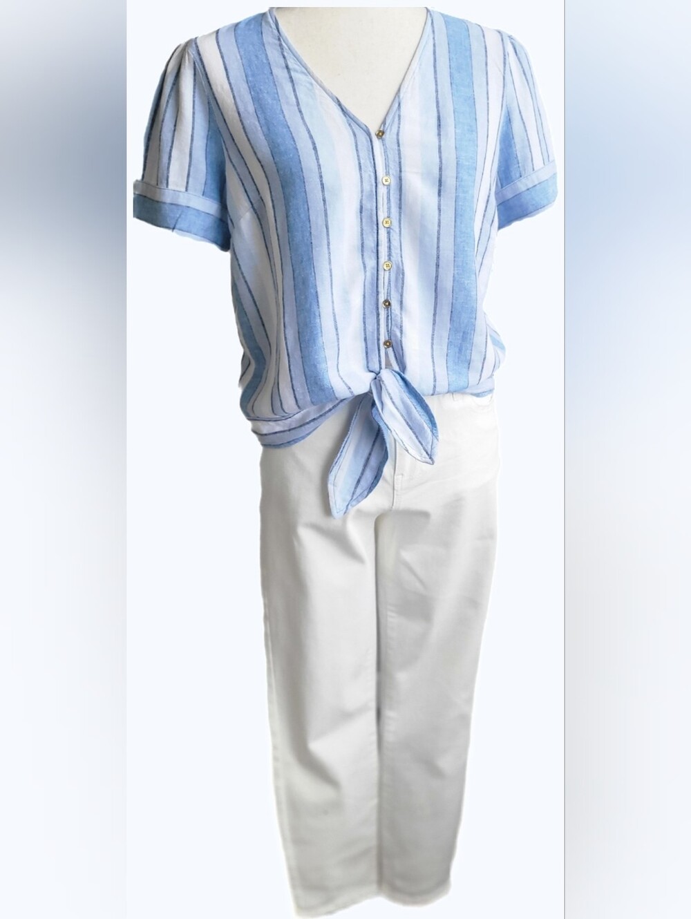 Michael Kors Blue/White Striped Tie-Front Blouse - Coastal Chic - Size S